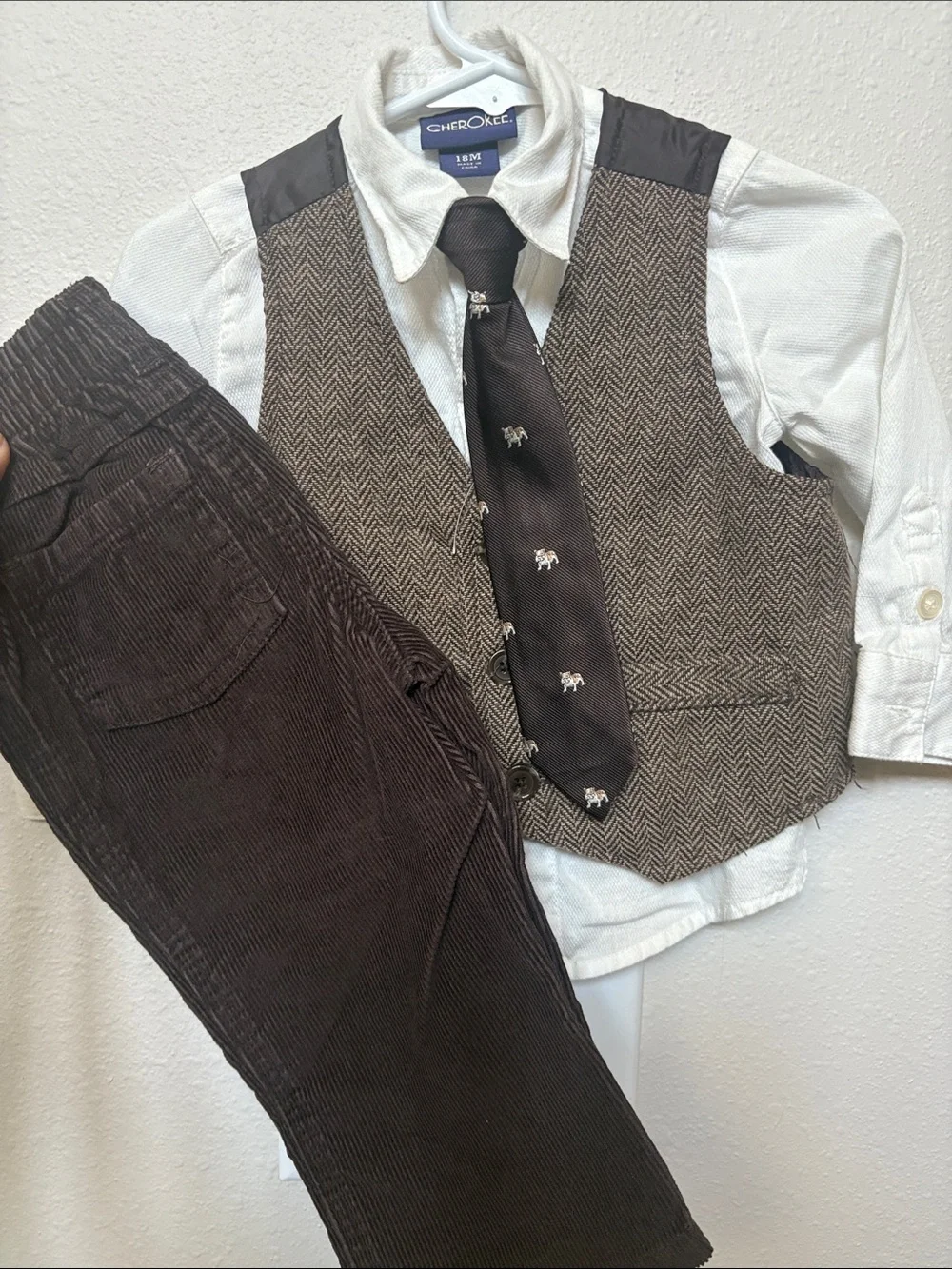 Cherokee Brown Patterned Boys Tie, vest, shirt, pant set